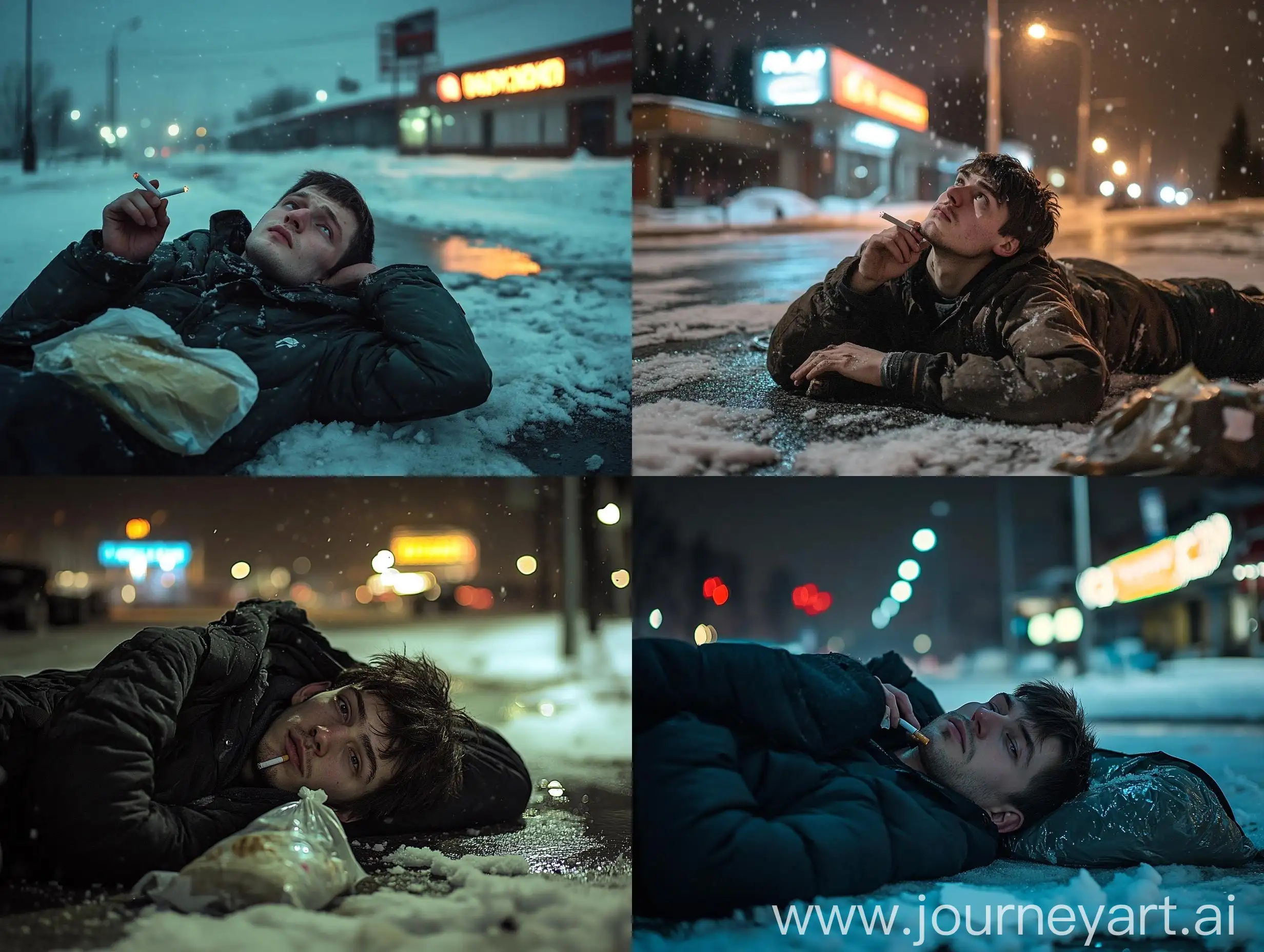 Man-Smoking-on-Snowy-Street-at-Night-in-Russia