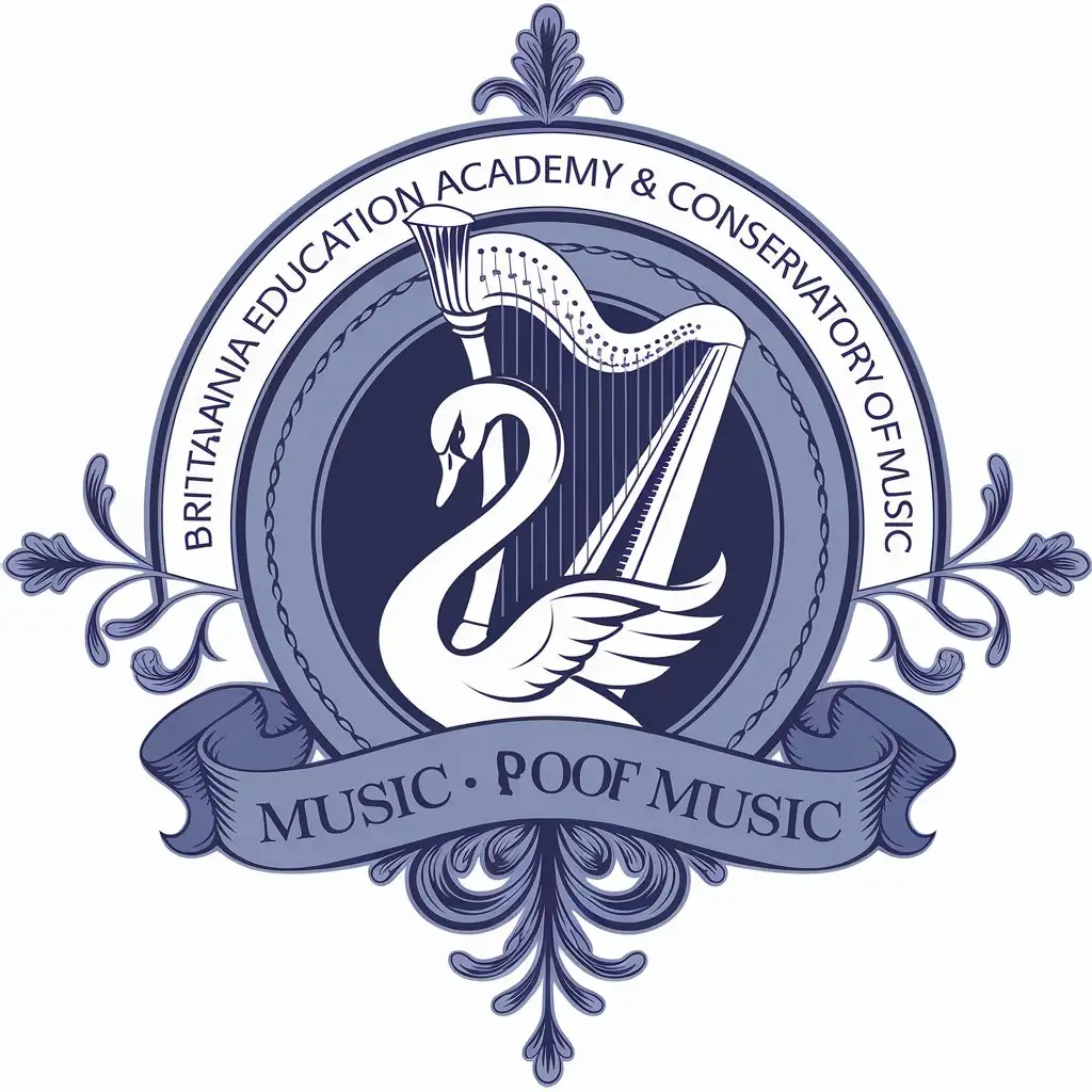 LOGO Design for Britannia Education Academy Conservatory of Music Classical Swan and Harp in Blue and White