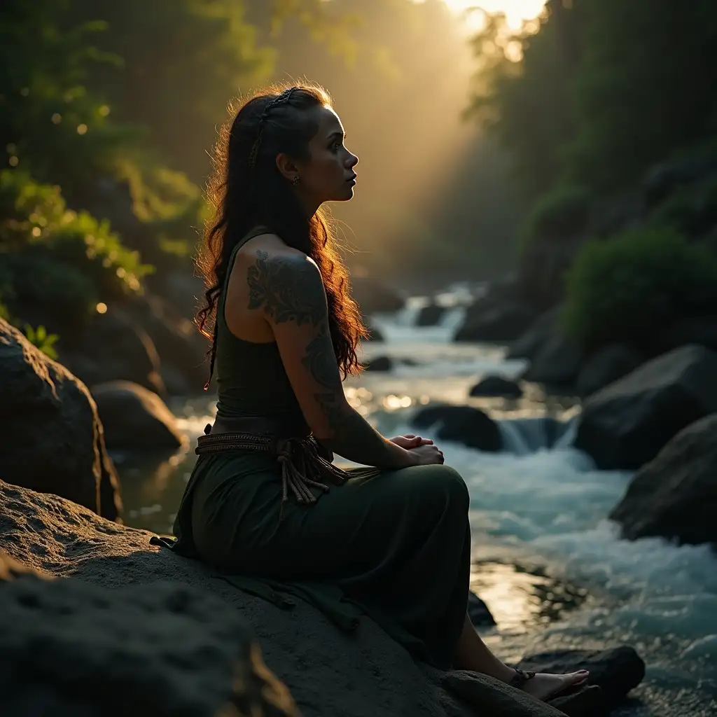 Dark and mysterious setting. A proud female druid tattooing in a sacred surrounding. Soft flowing river cutting through ancient rocks, sacred symbolism of journey, golden hour tones, cinematic natural textures.
