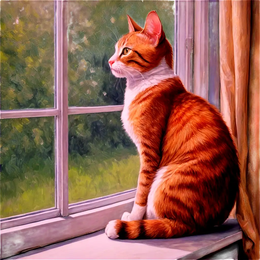 Cat oil painting sitting at window looking outside