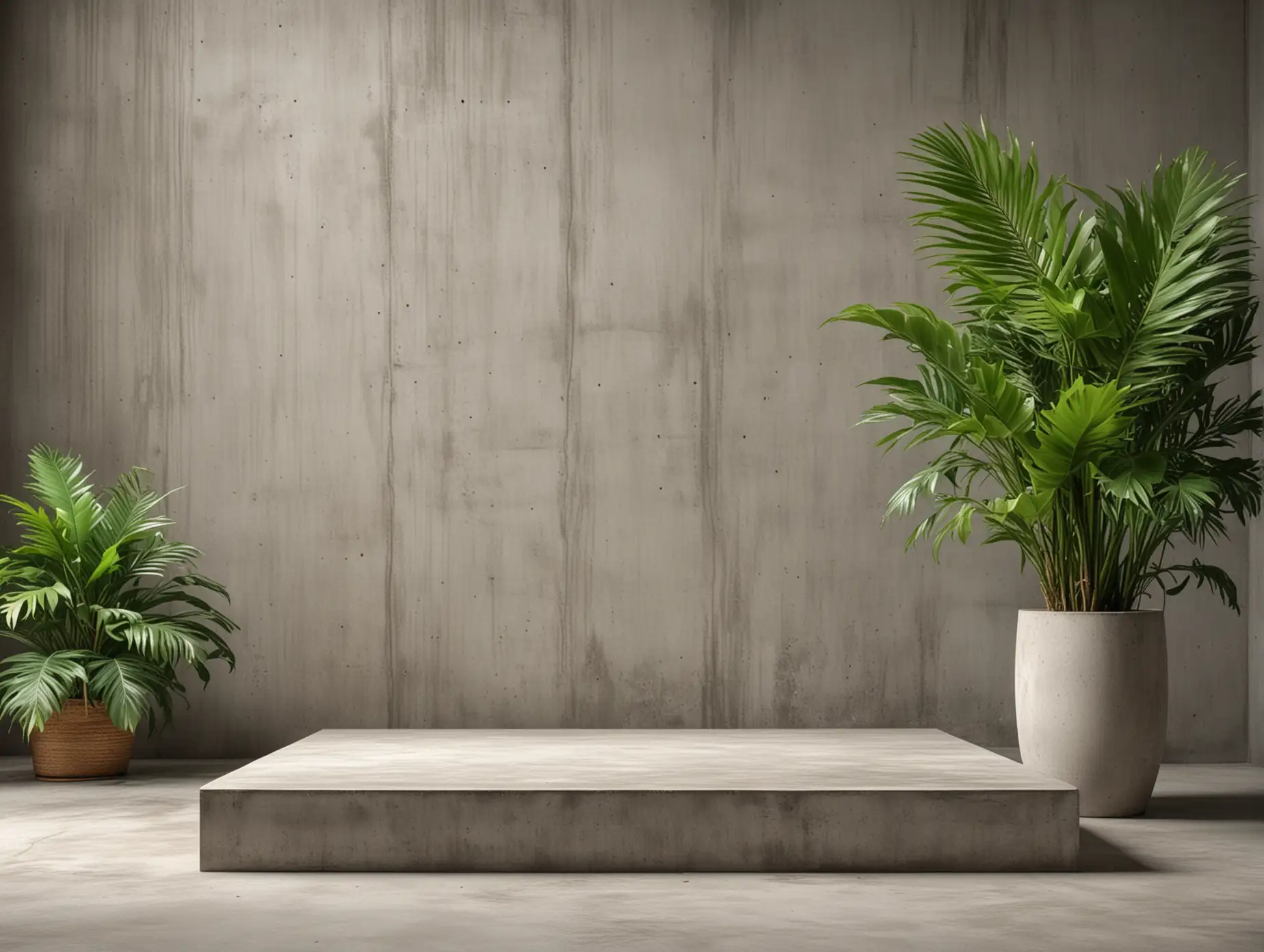 Empty concrete podium with green tropical plants in vase background