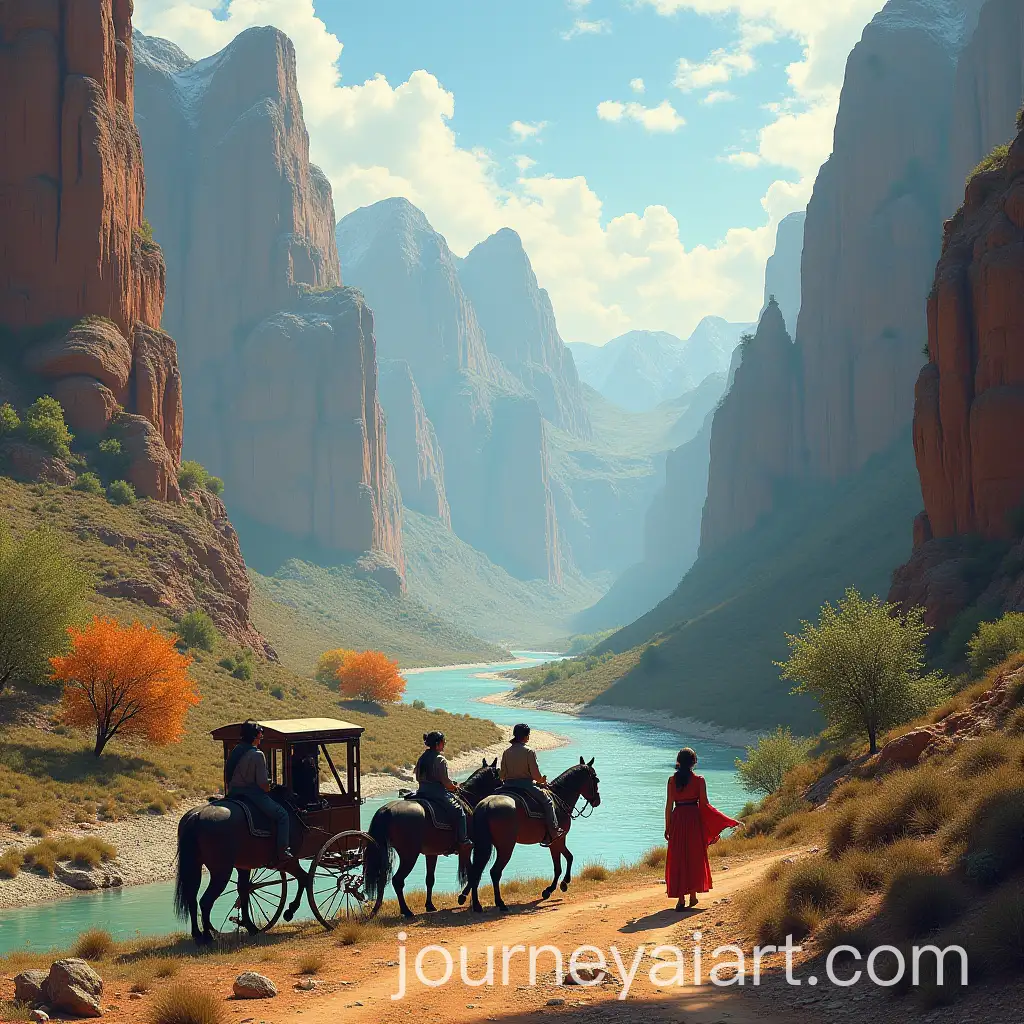 Mountainous-Landscape-with-Colorful-Trees-Rivers-and-a-Carriage-on-a-Desert-Road