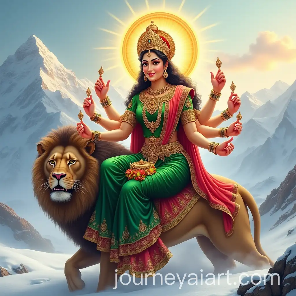 Divine-Hindu-Goddess-on-Lion-with-Golden-Halo-in-Snowy-Mountain-Landscape