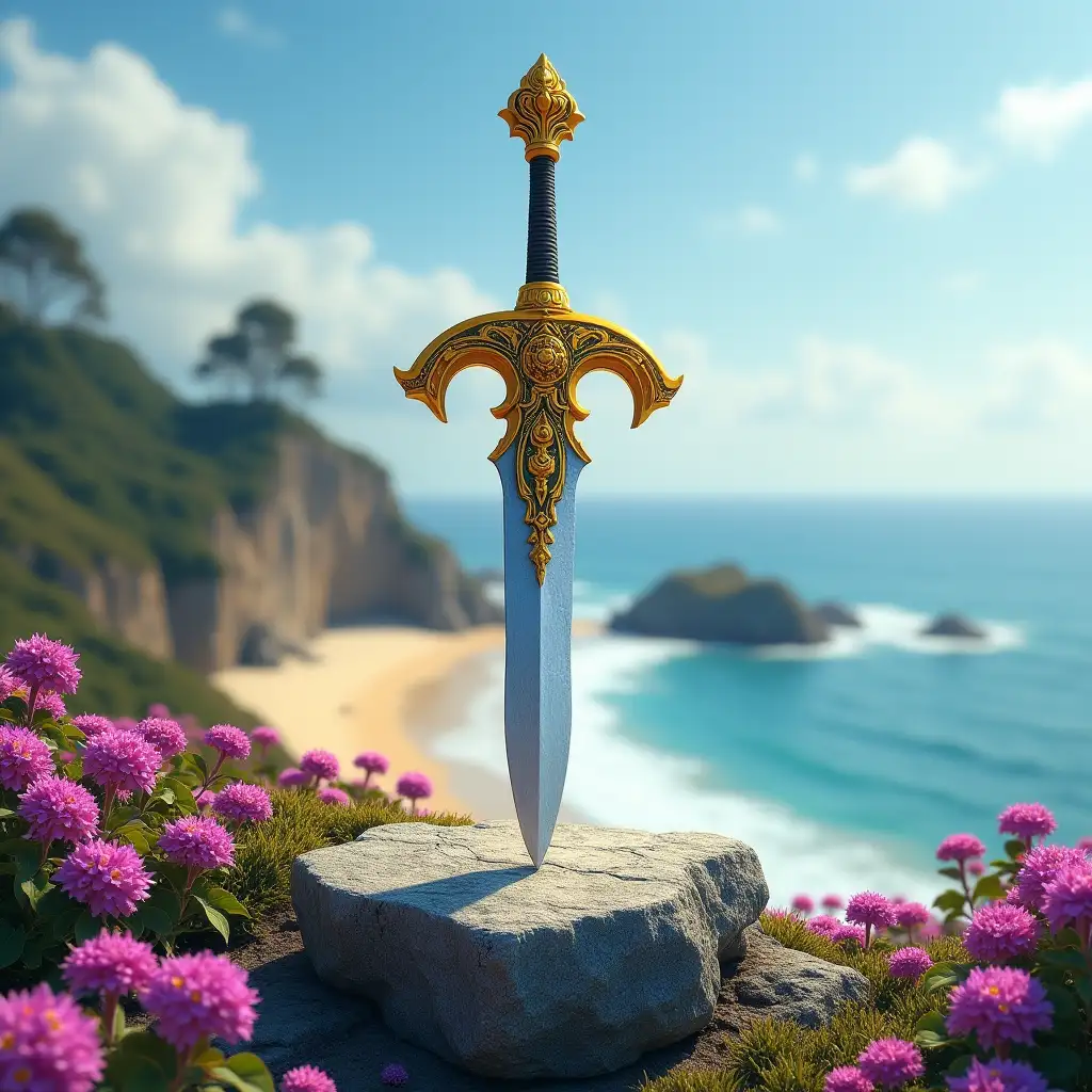 Enchanted-Sword-in-Stone-on-Scenic-Cliff-with-Magical-Aura