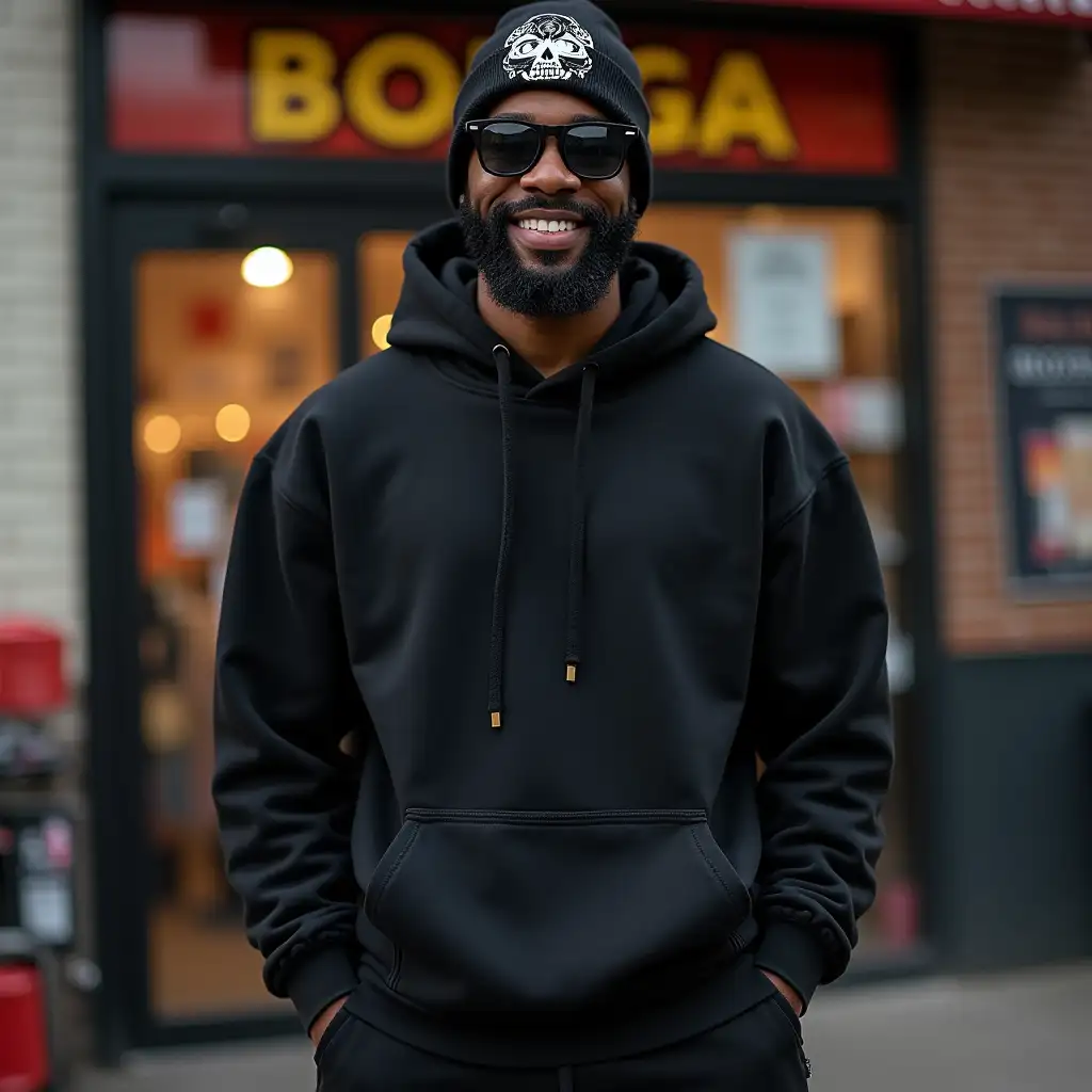 IMG_1018.CR2  professional photography front view Medium-full shot, of a young smiling muscular model Black man with bald head and full black beard well groomed in a black Beanie hat with a Lightning Graphic Skull covering the whole hat, in a Black Gildan oversized 18500 Hoodie and matching color sweatpants, wearing Oakley sunglasses, standing with his shoulders straight and whole body facing the camera with hands in his sweatpants pockets, in front of a bodega storefront, cinematic shot, hooded, mid-shot of a hunky, cozy setting, urbanism, photorealism, ultra realistic, UHD, mockup style