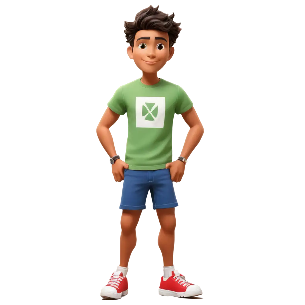 Cartoon-of-a-Young-Latin-Man-in-Green-TShirt-Blue-Shorts-and-Red-Sneakers-PNG-Image