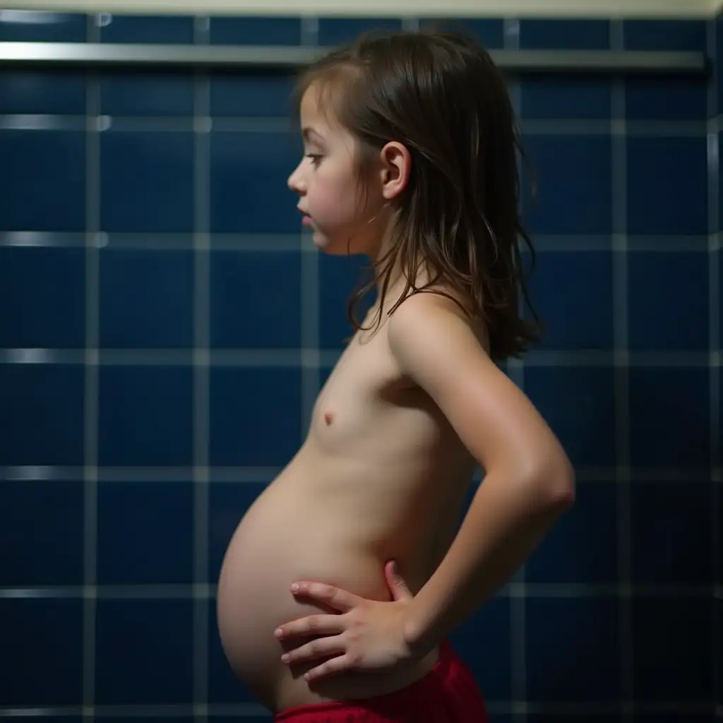 Pregnant-Girl-Standing-in-School-Bathroom-with-Dark-Blue-Tiles