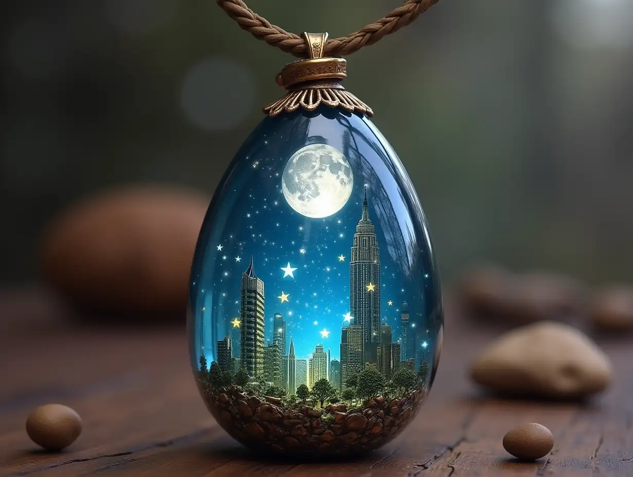 Create for me a glass egg pendant with a city inside with moon and stars