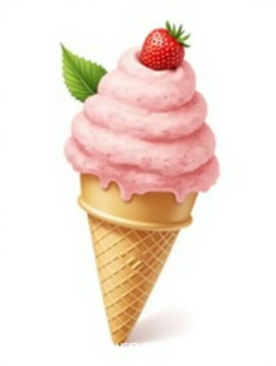Tilted-Strawberry-Ice-Cream-Cone-with-Leaves-on-White-Background