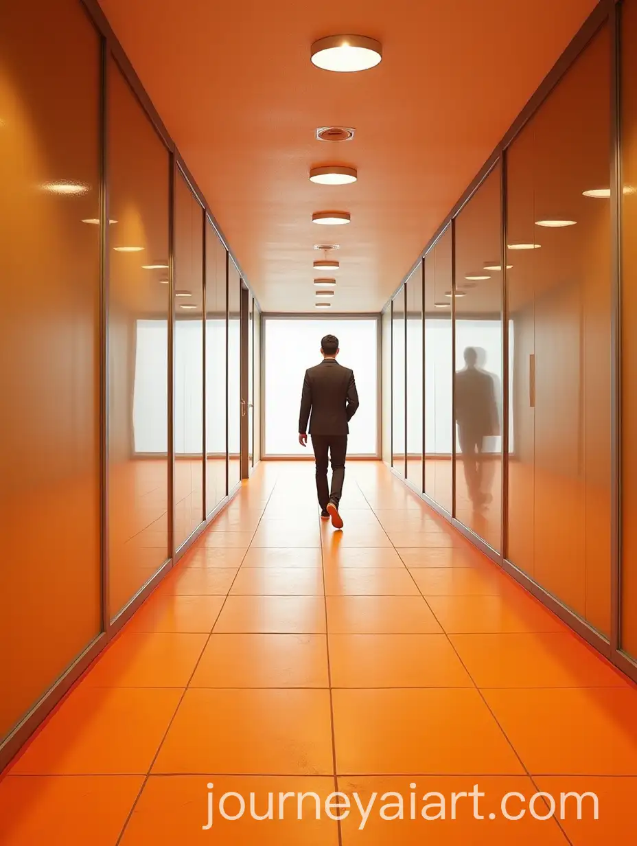 Person-Walking-Through-Narrow-Corridor-with-Orange-Linoleum-Floor-and-Glass-Walls