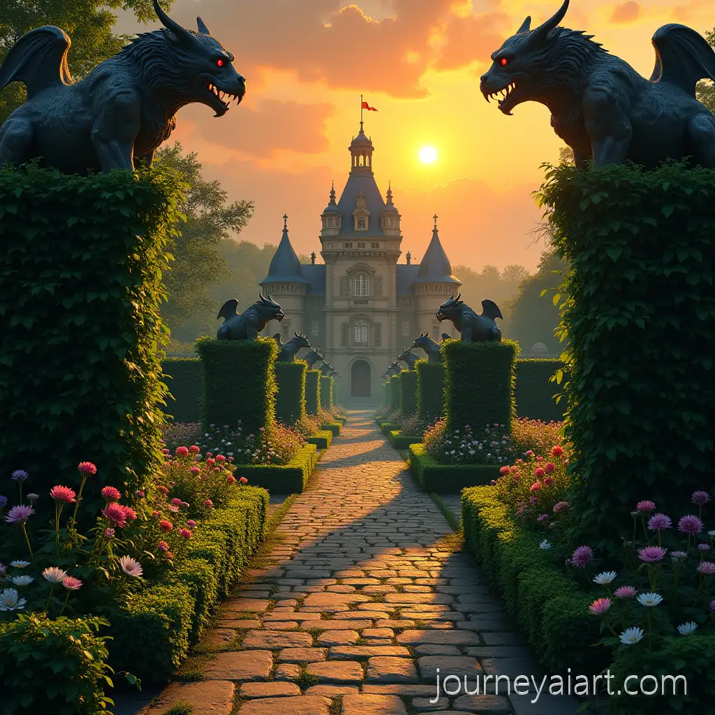 French-Garden-with-Chambord-Castle-and-Fiery-Gargoyle-Under-Orange-Sunset
