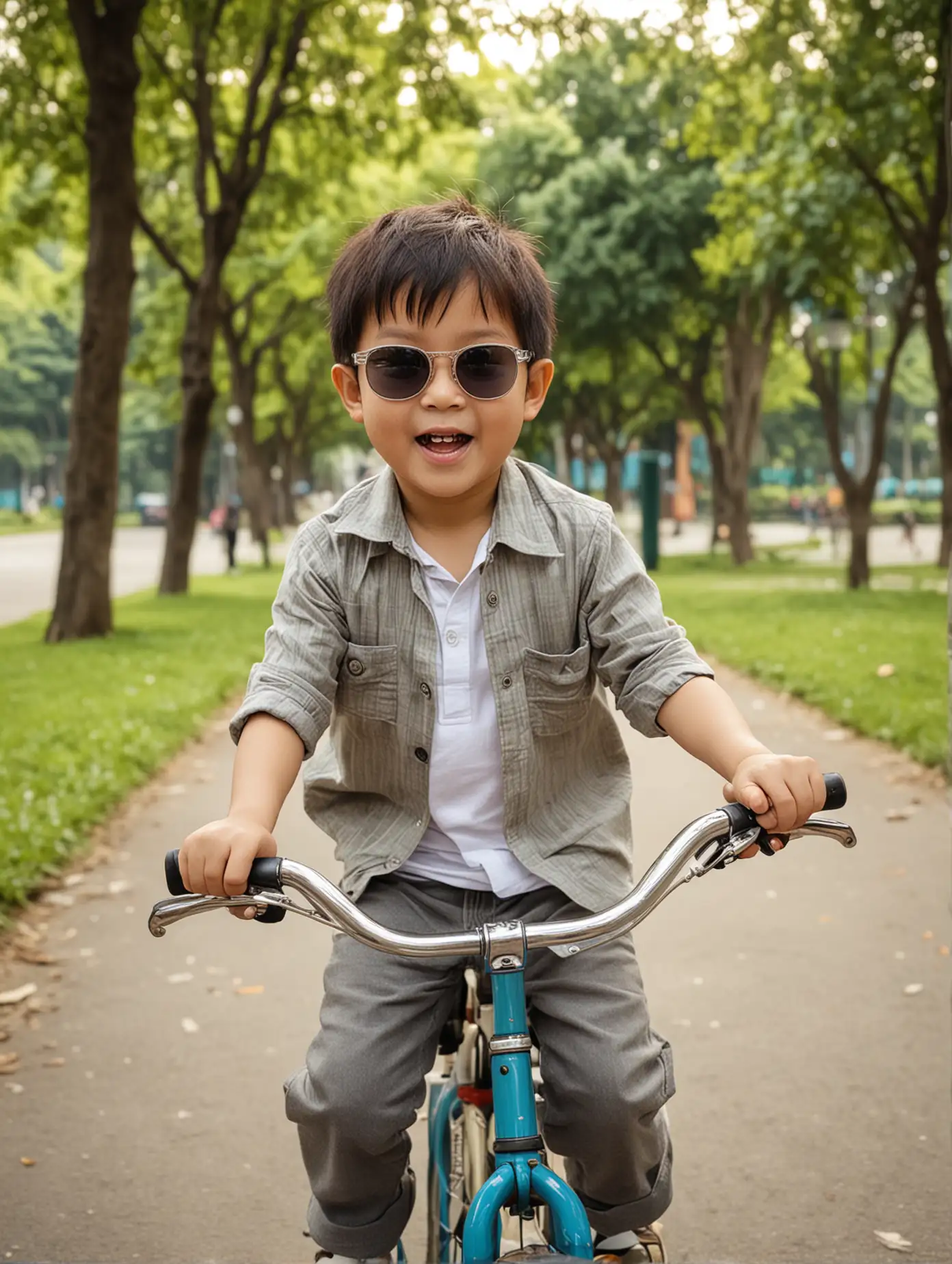 Asian little boy with sunglasses, riding a bicycle in the park