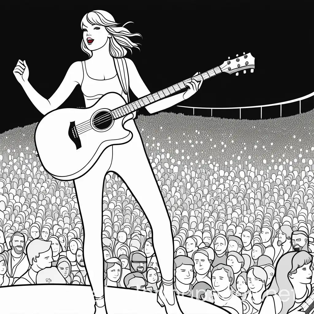 Taylor swift on stage, with her guitar, audience in background, black line images with white background, detailed illustration , Coloring Page, black and white, line art, white background, Simplicity, Ample White Space. The background of the coloring page is plain white to make it easy for young children to color within the lines. The outlines of all the subjects are easy to distinguish, making it simple for kids to color without too much difficulty
