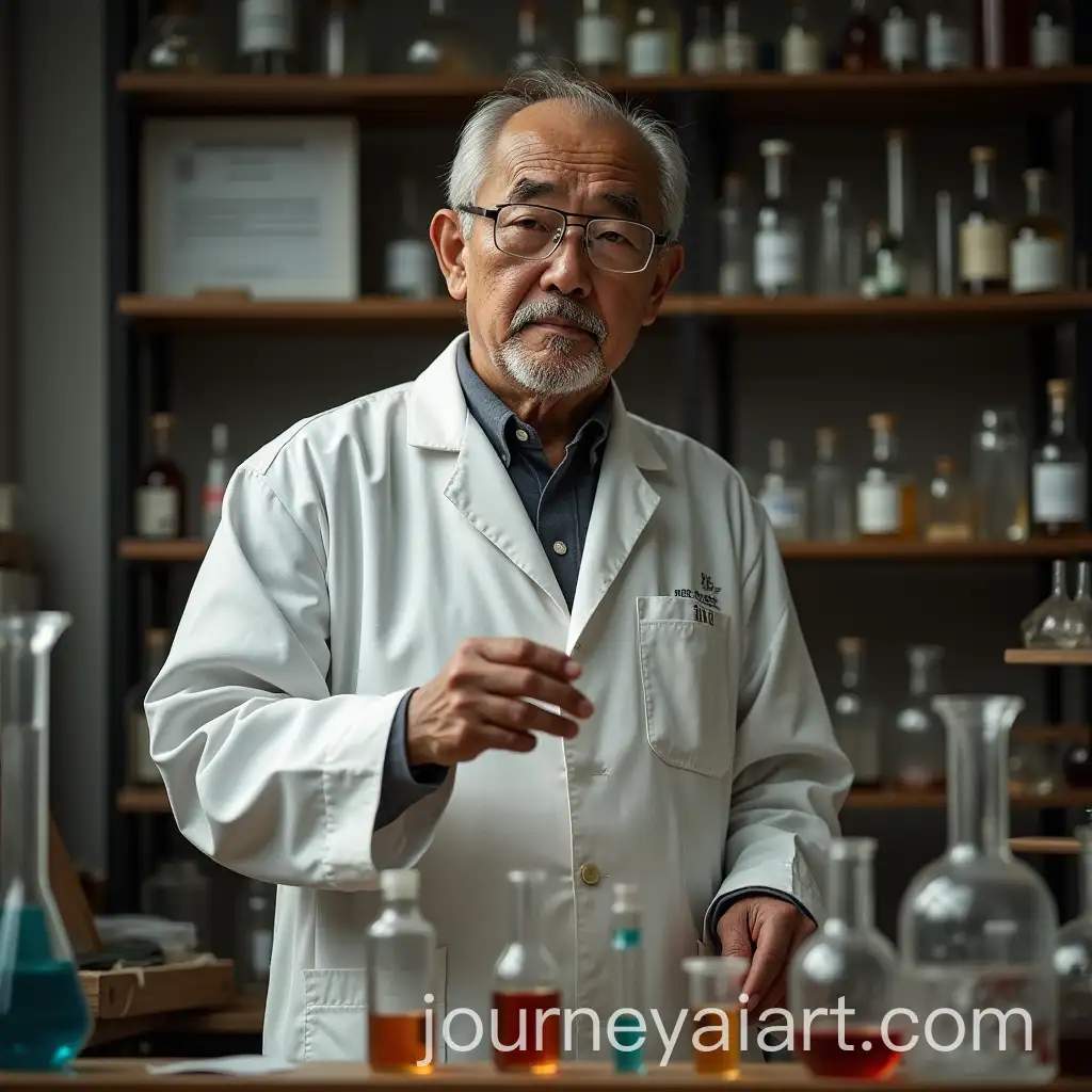 Old-Japanese-Chemist-in-Laboratory-HoldingAI-Art-Prompt-Expansion-Test-Tubes-Surrounded-by-Chemicals-and-Equipment