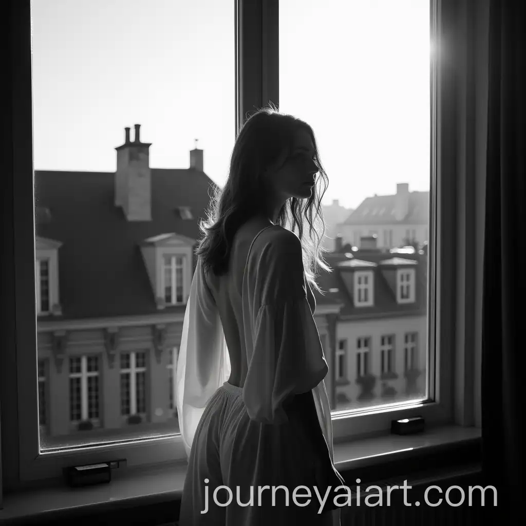 Woman-in-White-Shirt-Standing-by-Window-OverAI-Image-Prompt-Expansionlooking-Brussels-Rooftops