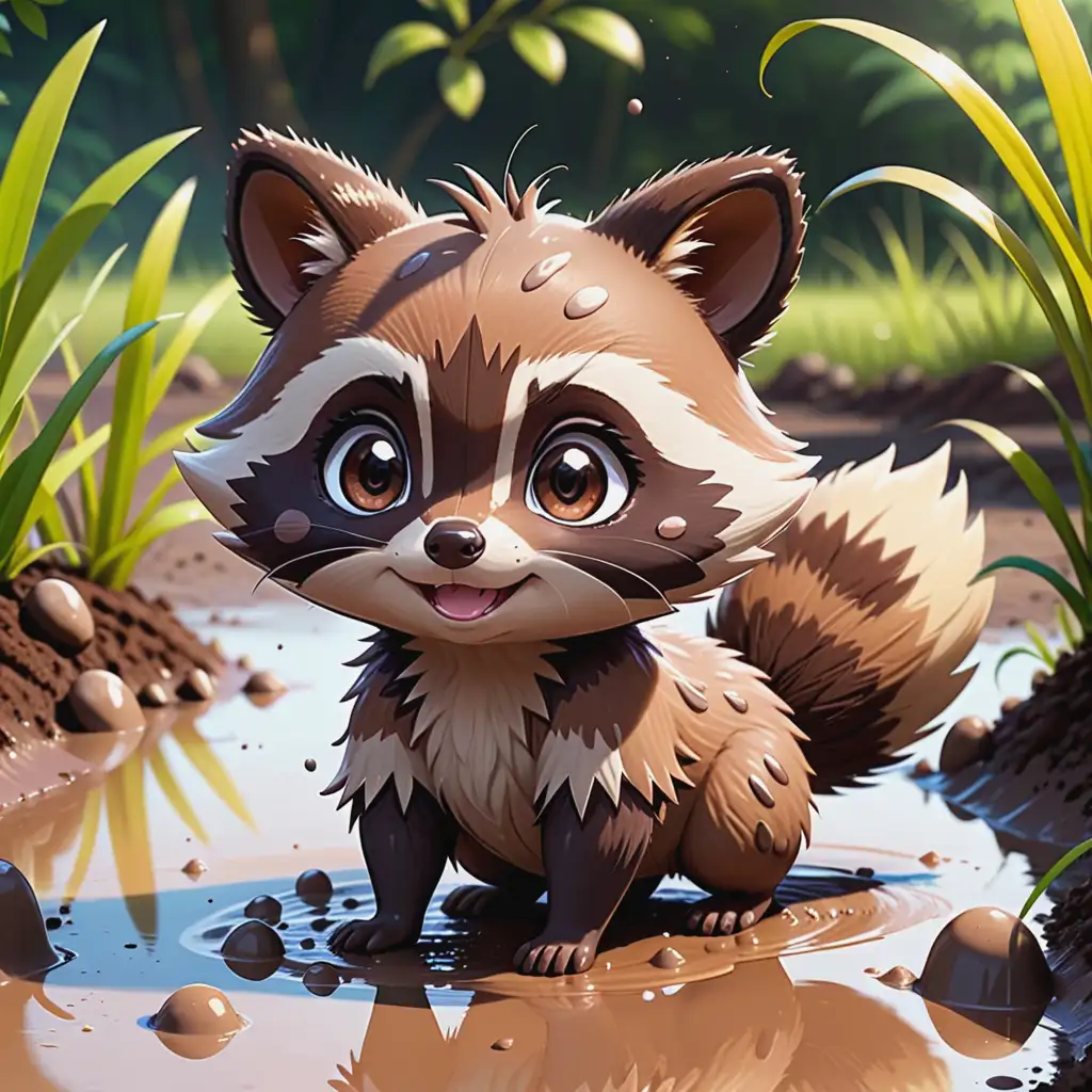 Cute Baby Raccoon Covered in Mud Anime Cartoon Style