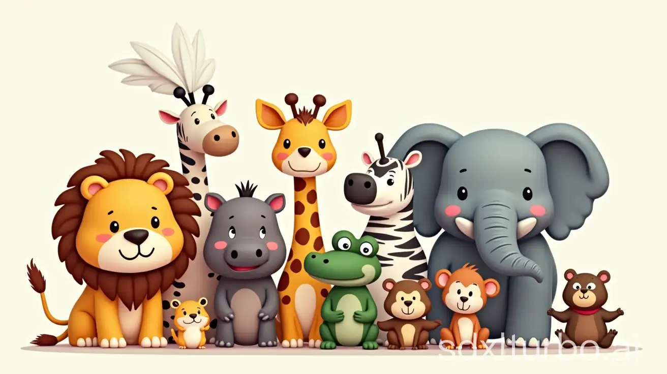 lion, hippo, giraffe, crocodile, cockatoo, zebra, elephant, dog, cat, hamster, monkey, bear, frog, goat, rabbit, stand together, pose for a photo, cartoon style