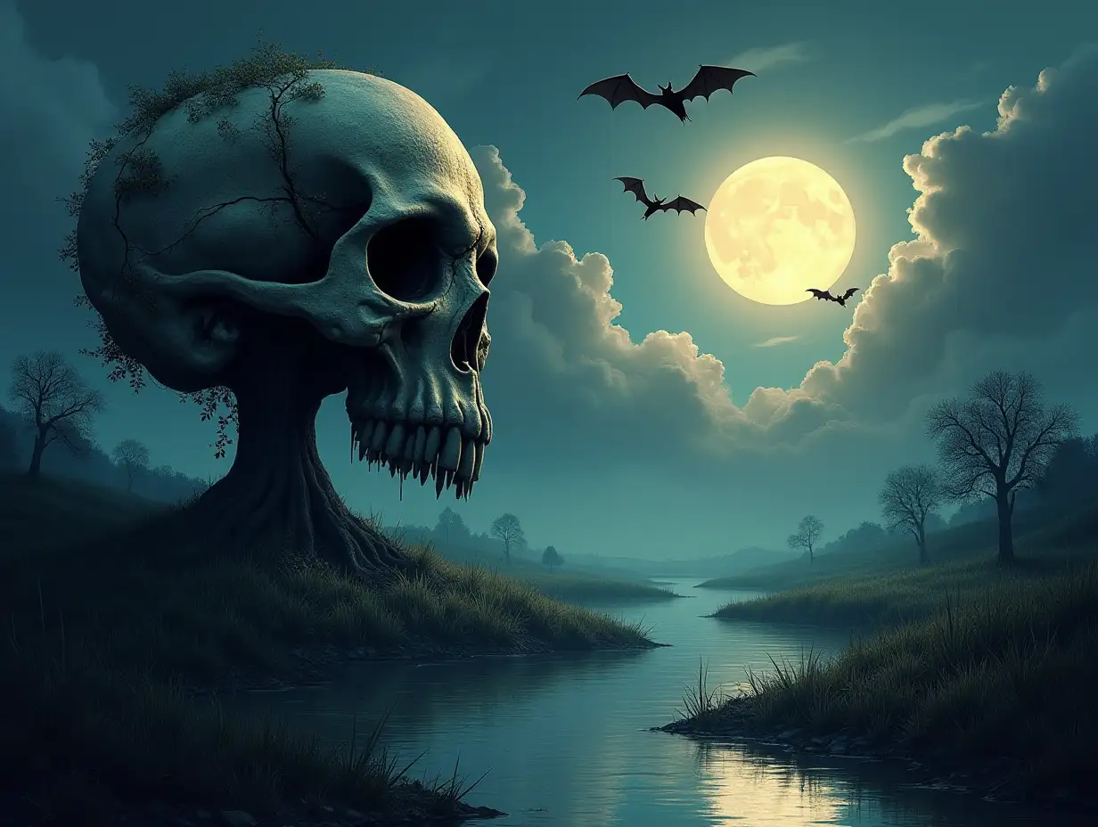 Create a landscape with a skull-shaped tree riverbanks left and right bats flying around the moon shines, a few spooky clouds