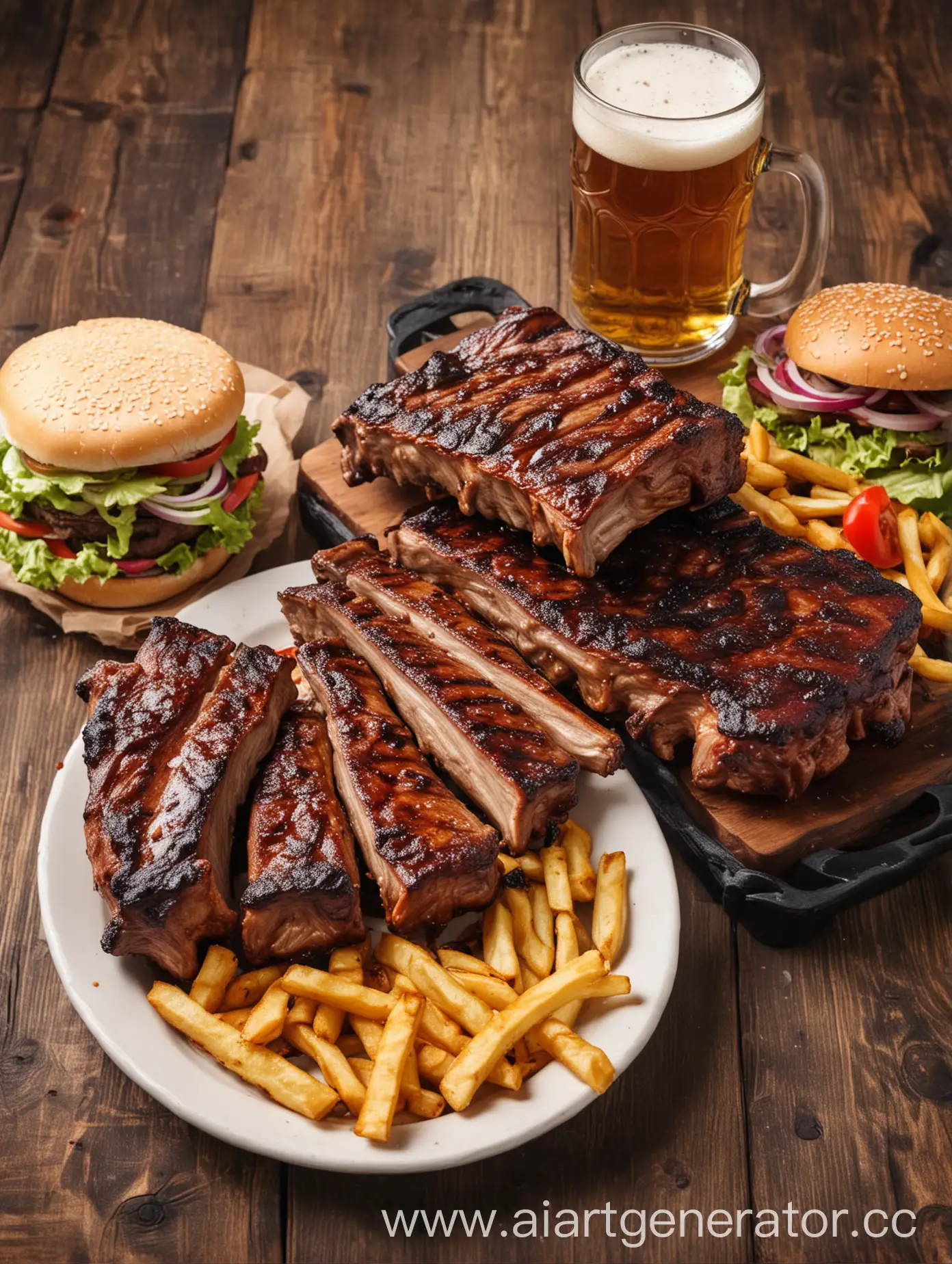 Delicious-Grilled-Ribs-Beer-and-Hamburger-on-Outdoor-Grill