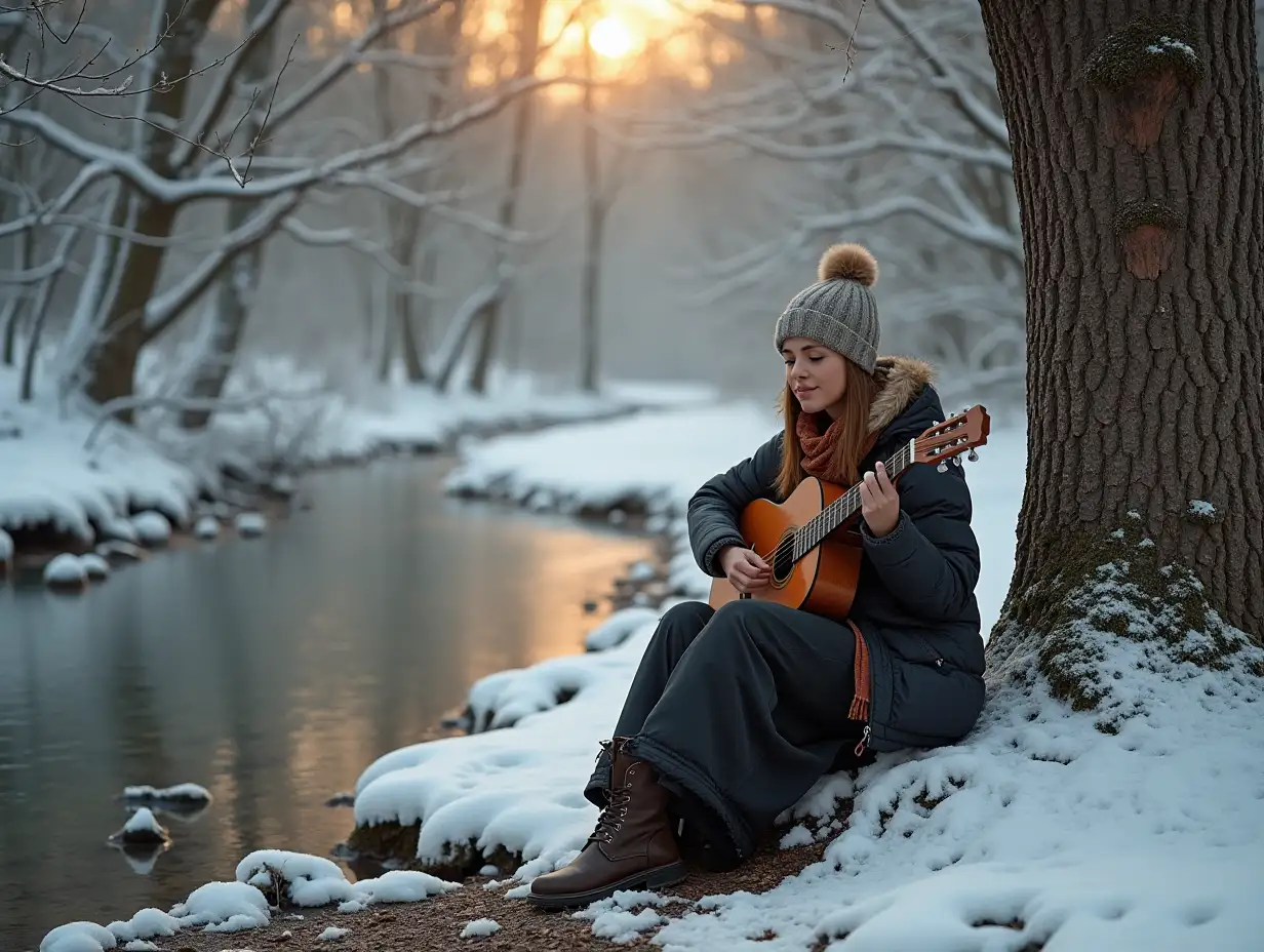 A woman playing guitar sitting on a tree by a small river with snow