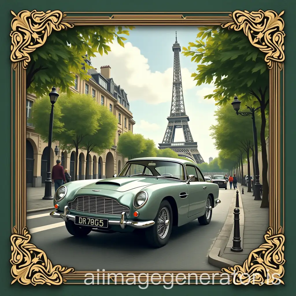 grey Aston Martin DB5 car in a street of Paris 2D framed art deco frame border image in green and gold tones. with greenery and the Eiffel Towers