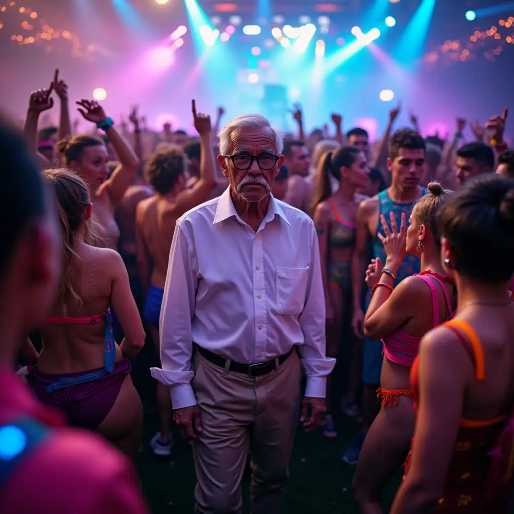 Hyperrealistic photograph of a senior citizen man, approximately 70 years old, standing in the middle of a crowded, vibrant rave. He wears a crisp white button-up shirt, neatly pressed khaki pants, and comfortable loafers, contrasting sharply with the colorful, eccentric outfits of the young ravers surrounding him. His silver hair is neatly combed, and he sports a pair of thick-rimmed glasses. The elderly man's expression is a mix of bewilderment and amusement as he's engulfed by a sea of energetic 21-year-olds. Surrounding him are young ravers in neon clothing, body glitter, and futuristic accessories. Some wear glow sticks as bracelets or necklaces, while others sport elaborate face paint and wild hairstyles. Strobe lights and lasers cut through the air, creating a dynamic play of colors across the crowd. The lighting alternates between deep shadows and bright flashes, highlighting the contrast between the senior's calm demeanor and the frenetic energy of the youth. The background is a blur of movement: hands raised in the air, bodies dancing, and DJ equipment visible in the distance. Puffs of fog machine smoke add to the atmospheric haze. The photograph captures the rich textures and details: the creases in the old man's shirt, the sheen of sweat on the young ravers' skin, and the intricate patterns of light playing across the scene. The depth of field focuses sharply on the senior citizen while slightly blurring the background, emphasizing his unique presence in this youthful setting.