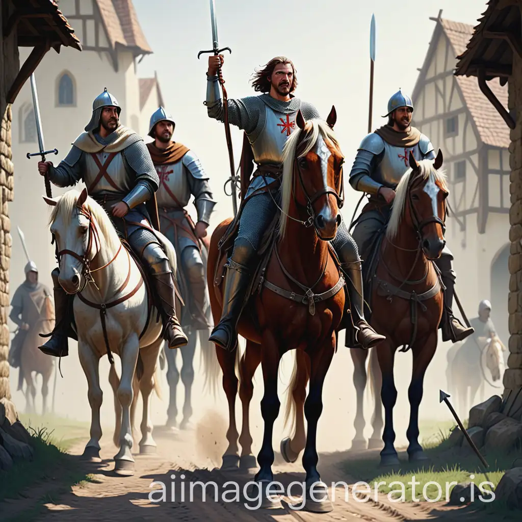 Medieval-Warriors-on-Horseback-with-Peasant-in-Rural-Setting