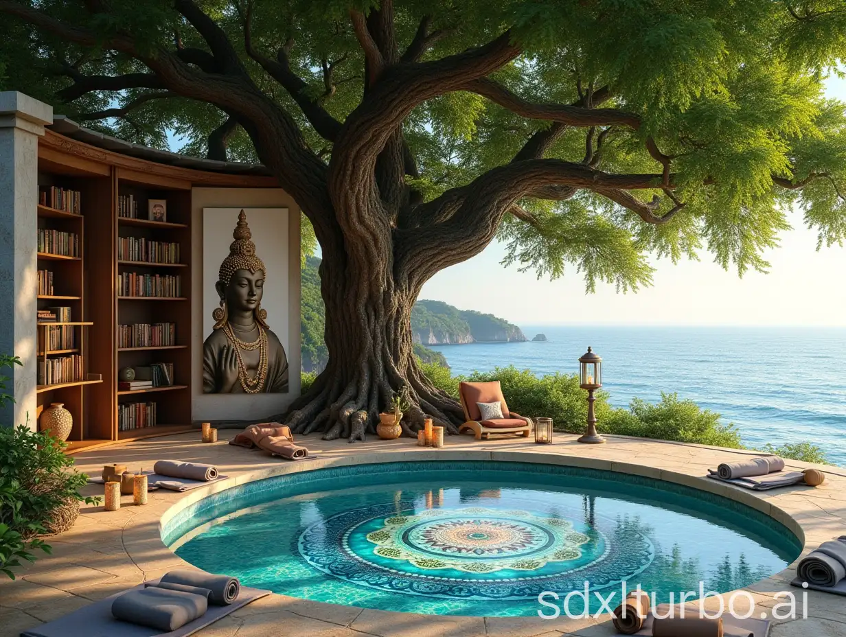 Mandala-Yoga-under-Oak-Tree-with-Lantern-and-Books