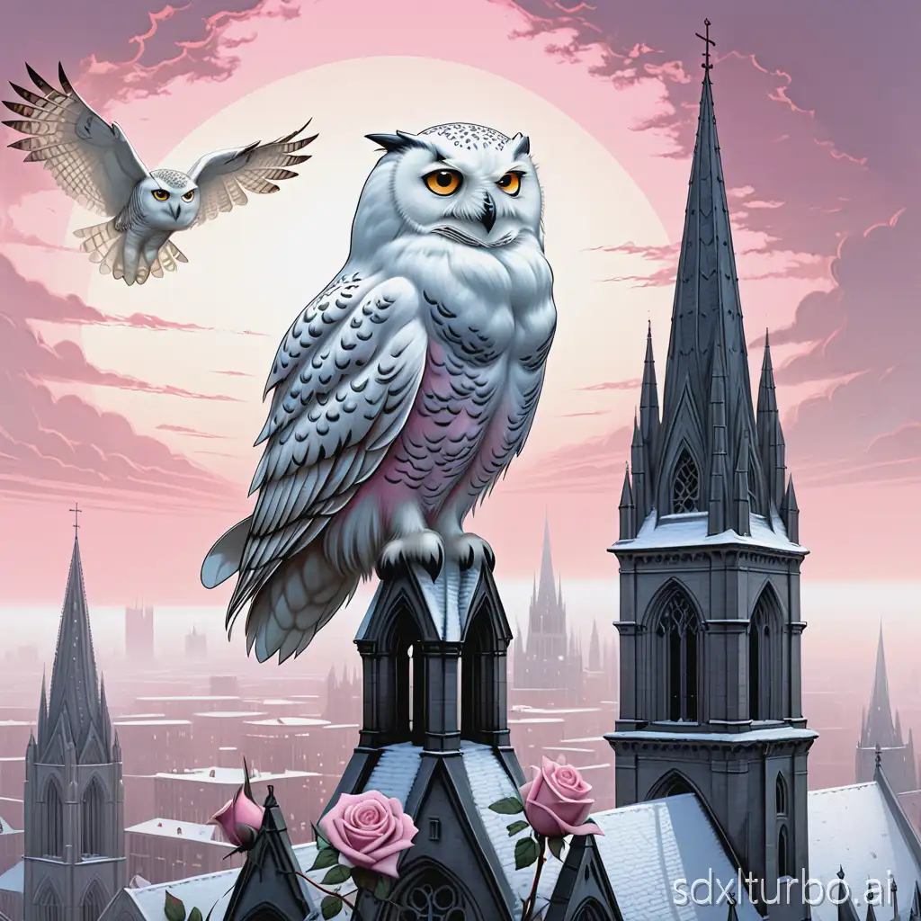 Majestic snowy owl perched atop a gothic cathedral spire under a rose-tinted dawn Digital matte-painting style, ultra wide angle. Frosted gargoyles line the rooftop as pale light glints off stained-glass windows. Precise brush-engine feathers catch every rime crystal. A distant city skyline emerges from lingering mist. Ethereal serenity blends with cathedral grandeur. Influenced by James Gurney, Frank Frazetta, Michael Kaluta, and Andreas Rocha. Soft pinks, icy whites, slate
