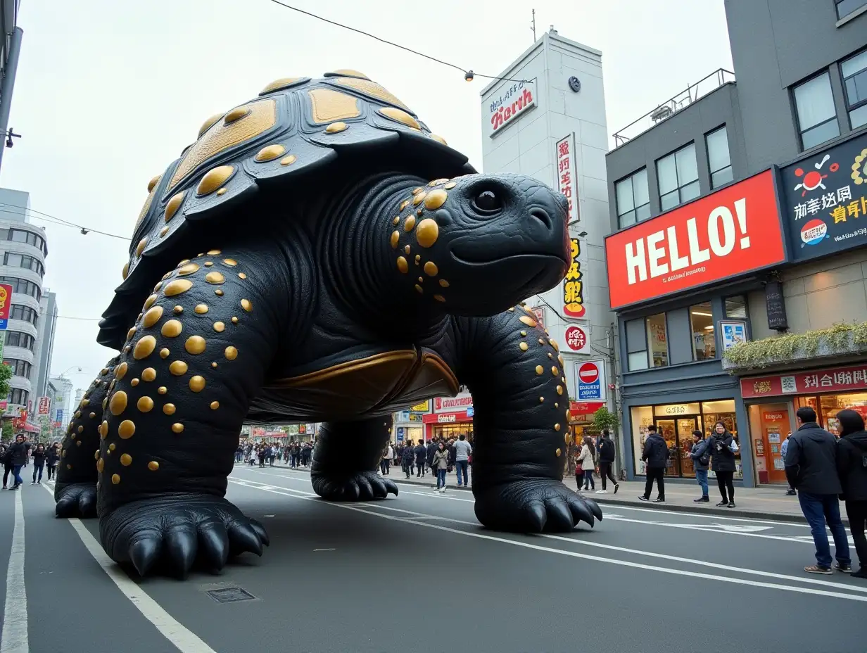 A large monster tortoise black and golden color combination, standing on Tokyo road with style, people are taking photos of it, billboard showing HELLO! nHorizontal camera angle