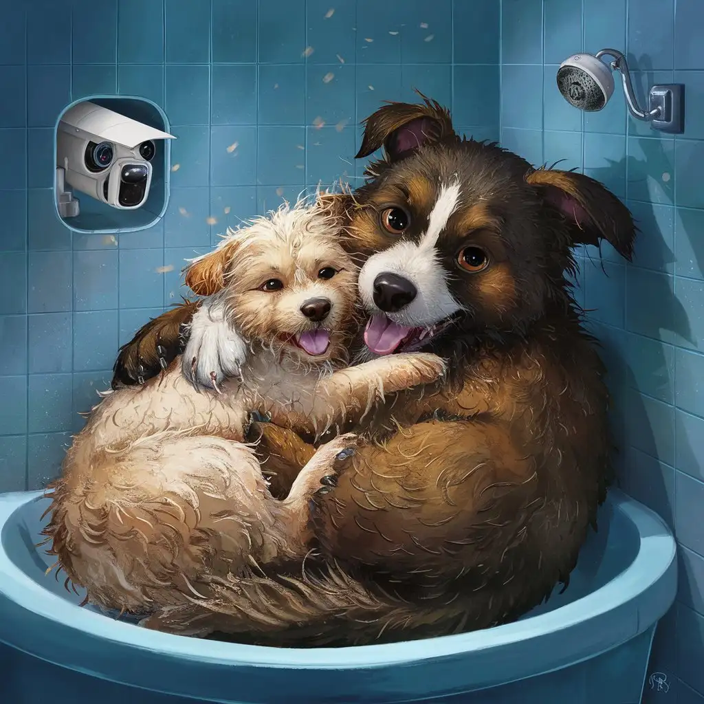 Two Cute Dogs Cuddling in Shower Stall with Surveillance Camera