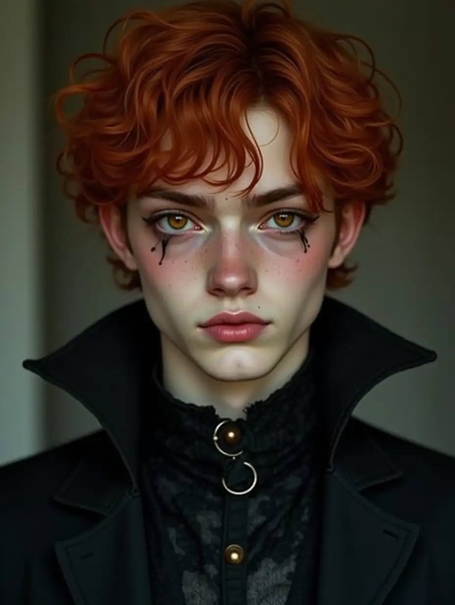 Handsome young man with red, curly hair. Amber, tired eyes. Wide eyebrows. Dark circles under the eyes. Long face. Upturned nose with a hump. Cheeks. Tall. Wearing stylish gothic classic clothing. Photo in realism.