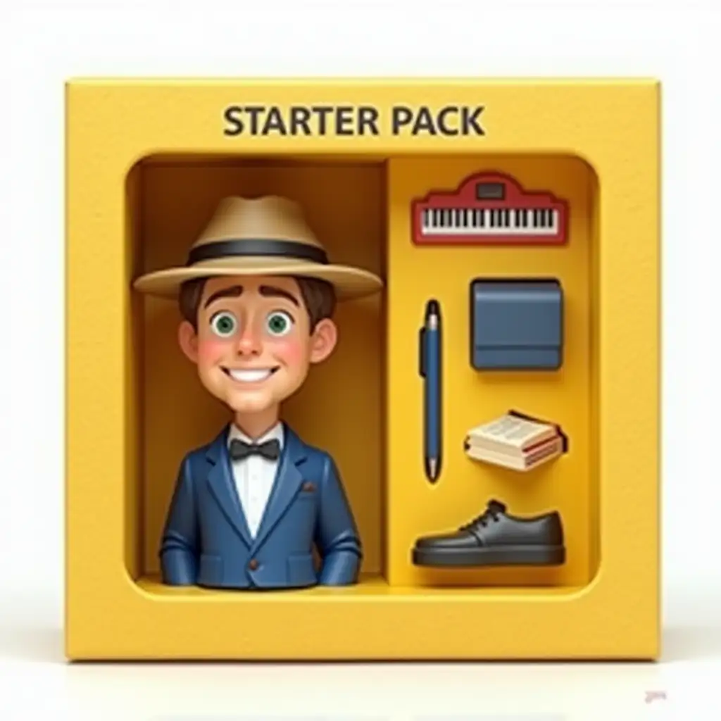Create a ‘Starter Pack’ packaging style image as a collectible figurine. The box is made of transparent molded plastic, inserted in a yellow cardboard background. The general background of the image is a vichy texture. The person depicted is the one in the photos provided. The face should look like the photo provided. The person is a 40-year-old man, fair skin, glabrous, green eyes a little close together, fine face, narrow and short nose, brown hair, smiling with white teeth, cheerful with dimples wearing a panama hat, in blue suit with bow tie. It is placed on the left side of the package. On the right, accessories are presented in perfectly fitting moulds: piano, pen, book, laptop. The top of the box displays in large: “STARTER PACK”, and at the top left: LIONEL in capital letters. The image is well-lit, high quality with soft shadows, in a realistic visual style of PIXAR type product packaging. The package is photographed with a white background, soft shadows, and a Pixar style.