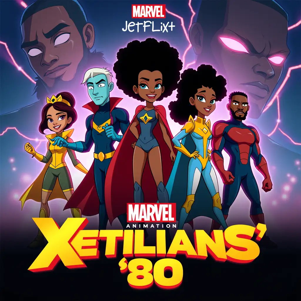 Afrofuturistic image is a promotional poster for the animated series 'XETILIANS '80,' which is now streaming on Jetflix+. The poster features various characters from the XETILIANS universe, including afrofuturism BMO, NELLY, LAY, and others, in their iconic costumes. The background includes dramatic poses and energy effects, highlighting the action-packed nature of the series. The title 'XETILIANS' '80' is prominently displayed at the bottom with the Marvel Animation logo above it. The overall design is vibrant and dynamic, capturing the essence of the superhero team and their adventures.  