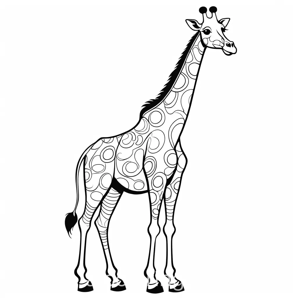Create a drawing of a happy friendly cartoon character of a giraffe, long neck, smiley face , clean full body with a white background without gray black shades. . image should be clean and clear simple white outline, easy for children to color., Coloring Page, black and white, line art, white background, Simplicity, Ample White Space. The background of the coloring page is plain white to make it easy for young children to color within the lines. The outlines of all the subjects are easy to distinguish, making it simple for kids to color without too much difficulty