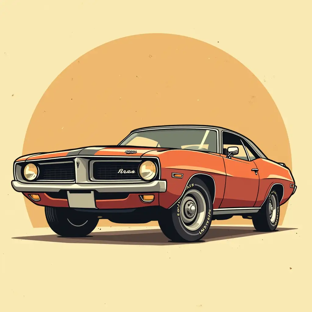 Muscle car.drawn in a vintage style, reminiscent of 1950s or 1960s illustrations. Understand the user_prompt and decide whether to translate it, assess its NSFW status, and check for CSAM (Child Sexual Assault Material) content. Style: Retro illustration, possibly with halftone effects or a textured background.Outline and Line Quality: The bold, black outlines give the character a defined shape, which is typical of cartoon styles, especially from the mid-20th century. The slightly imperfect lines add a hand-drawn quality, enhancing the retro feel.features are cartoonish and exaggerated.This minimalism is a hallmark of vintage cartoon design.The use of warm colors like rust and tan contributes to the overall vintage vibe, reminiscent of 1950s illustrations.Nostalgic Style: Overall, the illustration evokes a sense of nostalgia through its combination of bold outlines, simple shapes, and a limited but warm color palette, reminiscent of classic animation styles from the 1950s and 1960s. The bold, black outlines give the character a defined shape, which is typical of cartoon styles, especially from the mid-20th century. The slightly imperfect lines add a hand-drawn quality, enhancing the retro feel.The image must utilize a vibrant, yet sophisticated color palette with smooth gradients and minimal background elements to maximize focus on the subjects. 