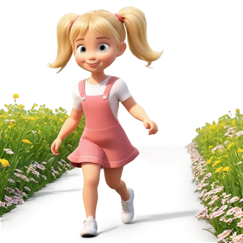 Cartoon-Little-Blonde-Girl-with-Ponytails-Walking-Down-Flowering-Path-PNG-Image-HighQuality-and-Versatile