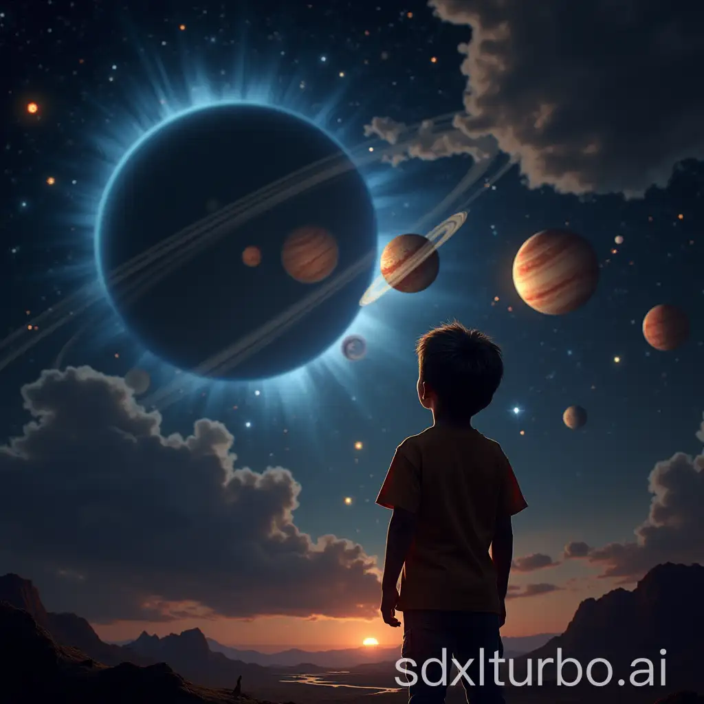 A boy looking at the solar system and showing to it