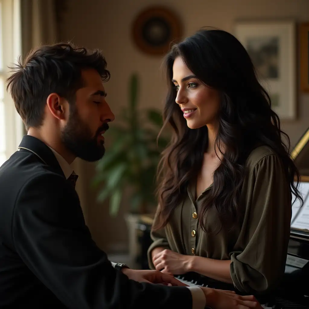 a man composer working in his studio with a piano and a beautiful woman standing next to him with black hair and green eyes singing