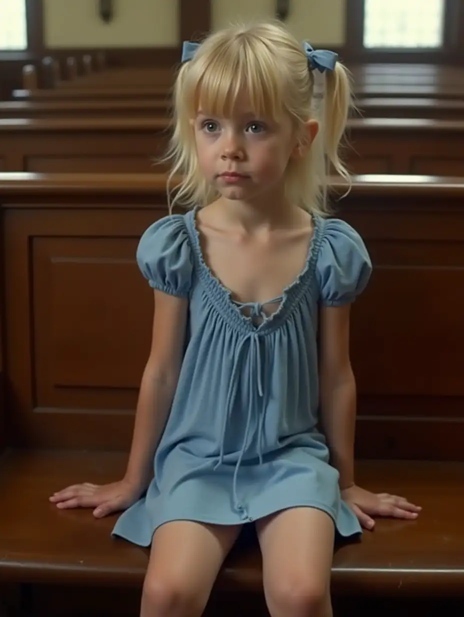 Blonde-Girl-in-Blue-Minidress-Sitting-on-Church-Pew