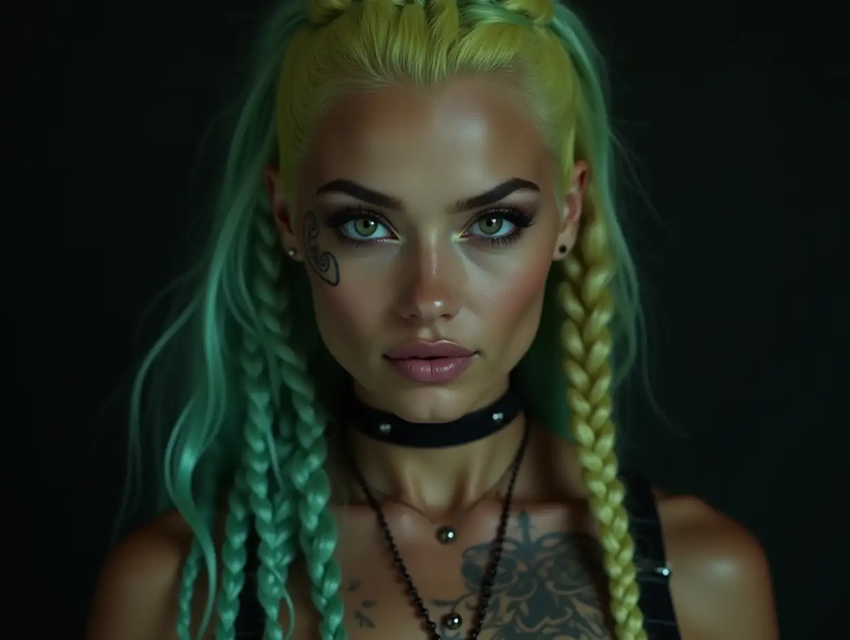 Depiction of a beautiful white woman with tattoo, long mixed green-yellow braided hair in a futuristic style and laced boots, Blurry black background (120mm) shot poster