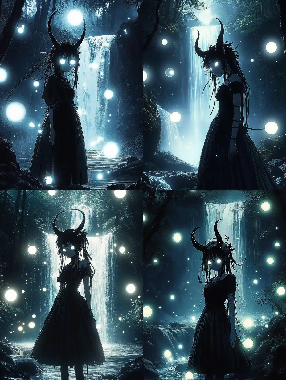 Gothic-Anime-Character-with-Devil-Horns-in-a-Dark-Forest-by-Waterfall