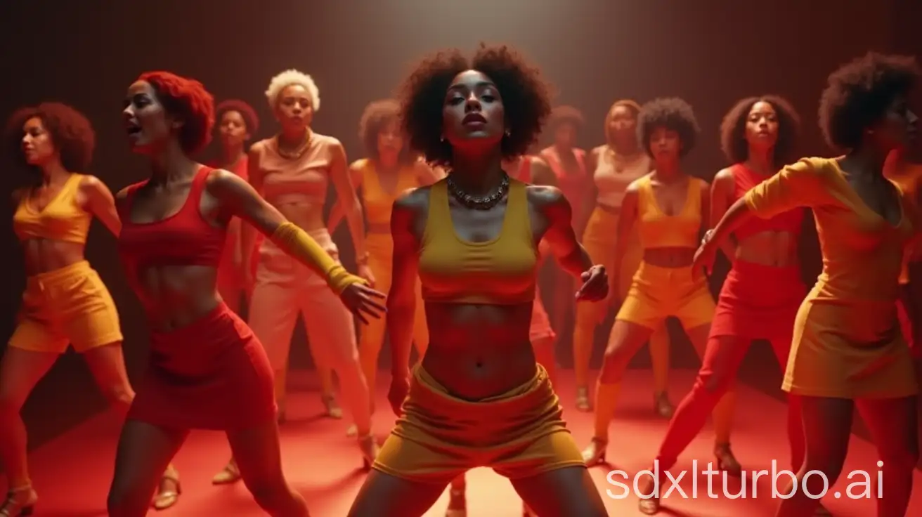 Choreographed Dance Section: As the second verse starts, we cut between shots of her dancing in the club with a group of backup dancers who are dressed in similarly bold, contrasting colors. Their movements are synchronized, creating a mesmerizing visual pattern. The choreography is expressive but sharp, mixing modern dance with hints of voguing, showing off the strength and grace in every move.