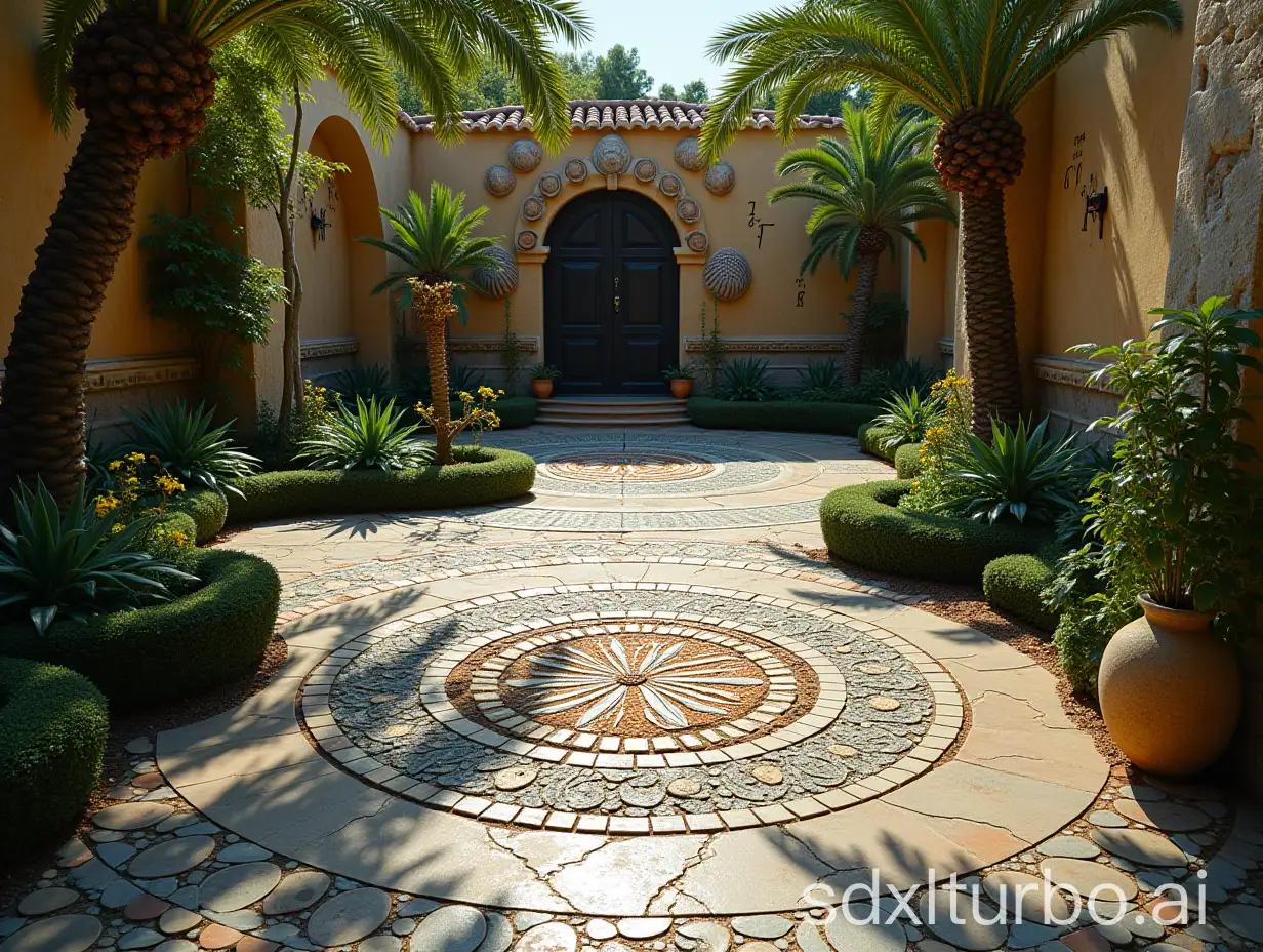 a beautiful garden with several mosaic tiled paths, dodecahedra on shleves, mandalas and formulas painted on walls, spiraling seashells, sunny and mysterious atmosphere, high precision