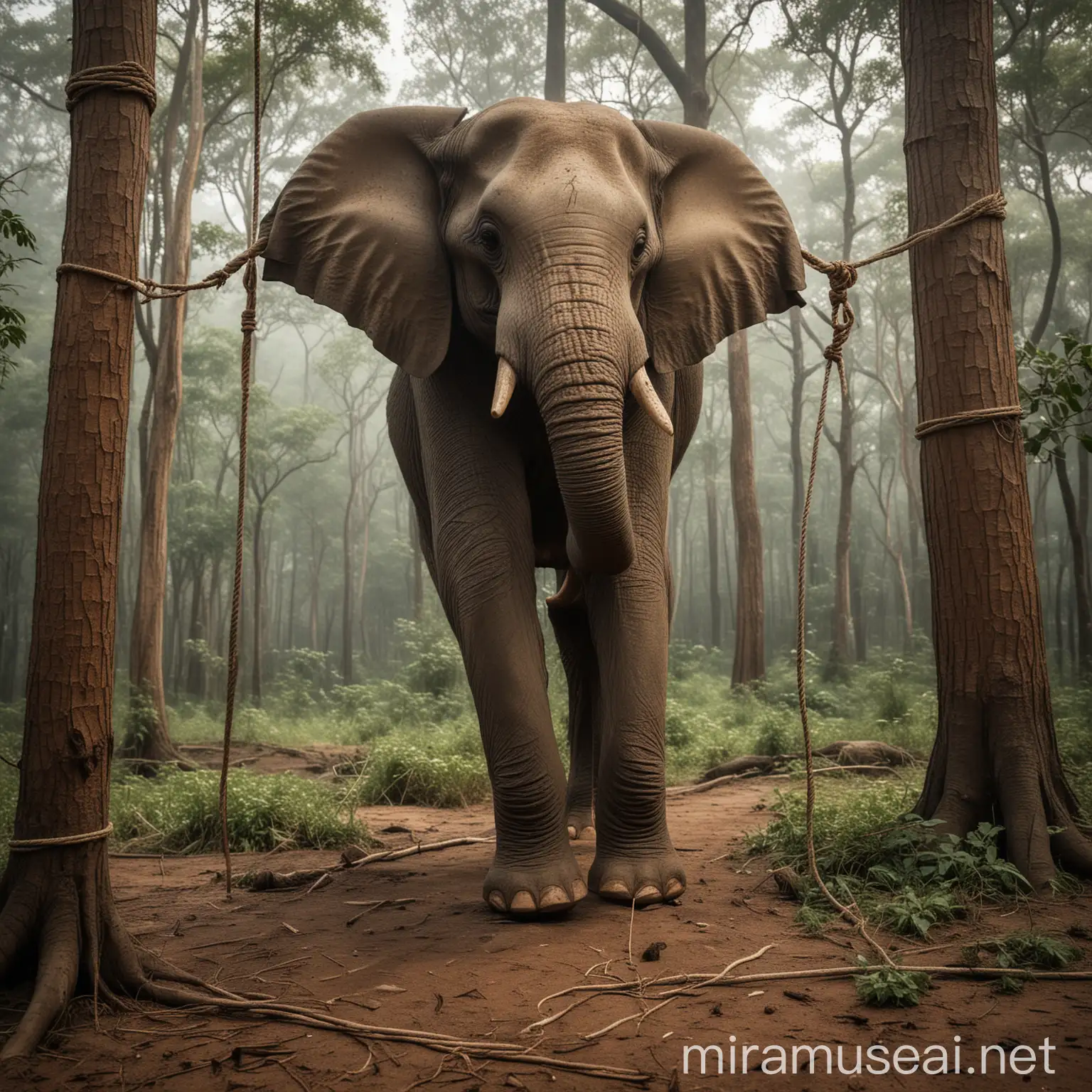 Majestic Elephant with Foot Tied to Stake in Forest