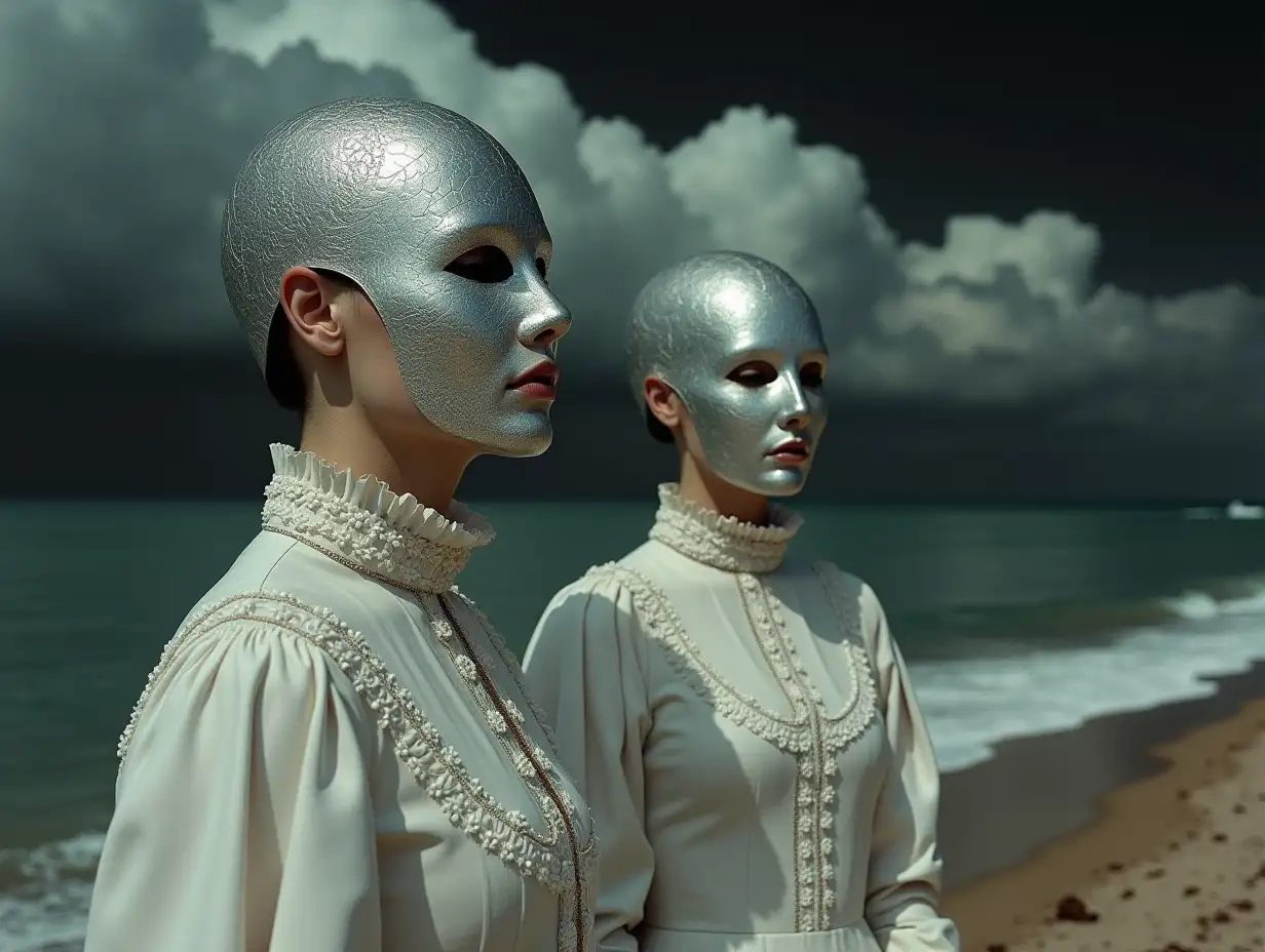 Two-Women-in-Silver-Masks-on-a-Dark-Beach-in-a-Surrealist-Fantasy-Style