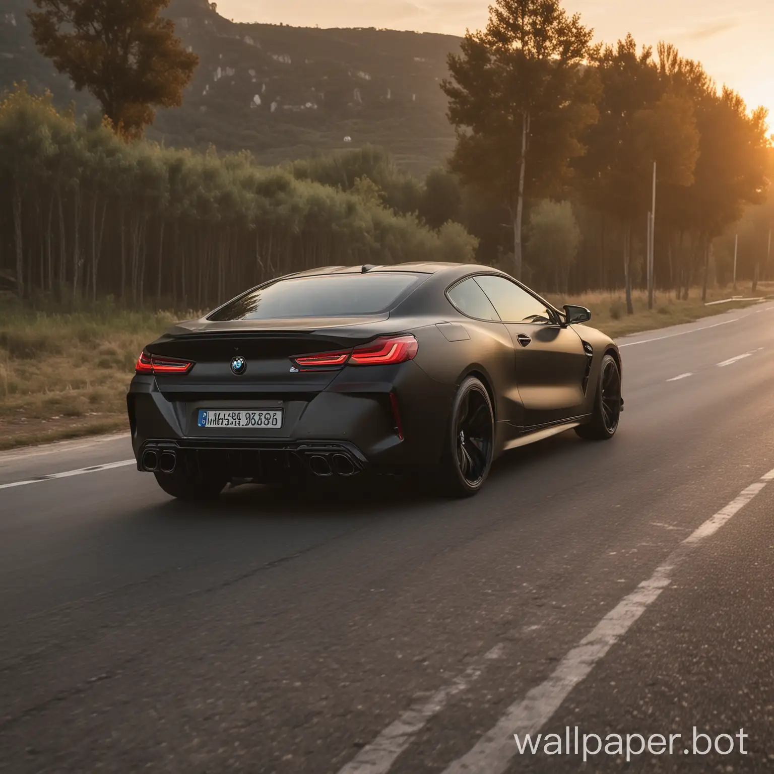 BMW M8 matte black moving on a road of village at sunset