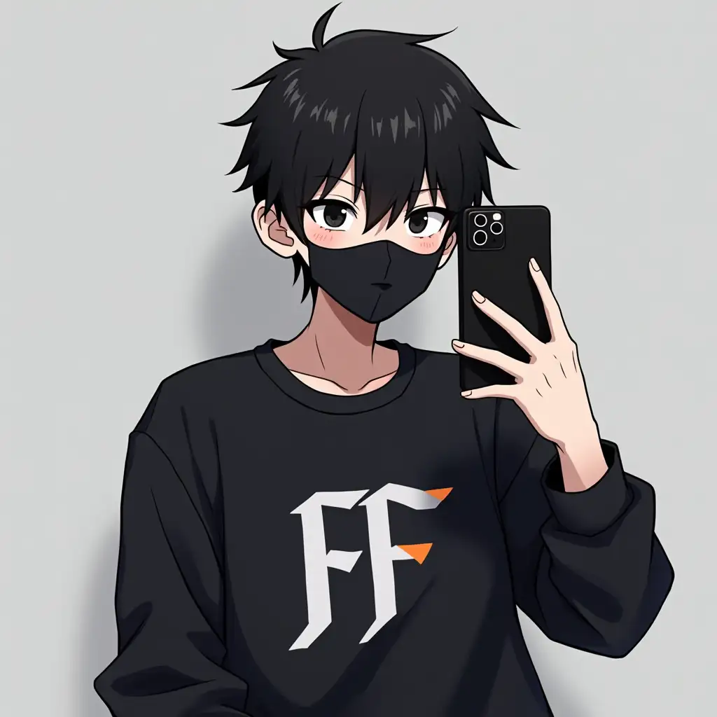 Asian boy with black hair and black sweatshirt with FF design on shirt, black eyes, taking selfies with black smartphone, black mask on face, grey background, Anime style