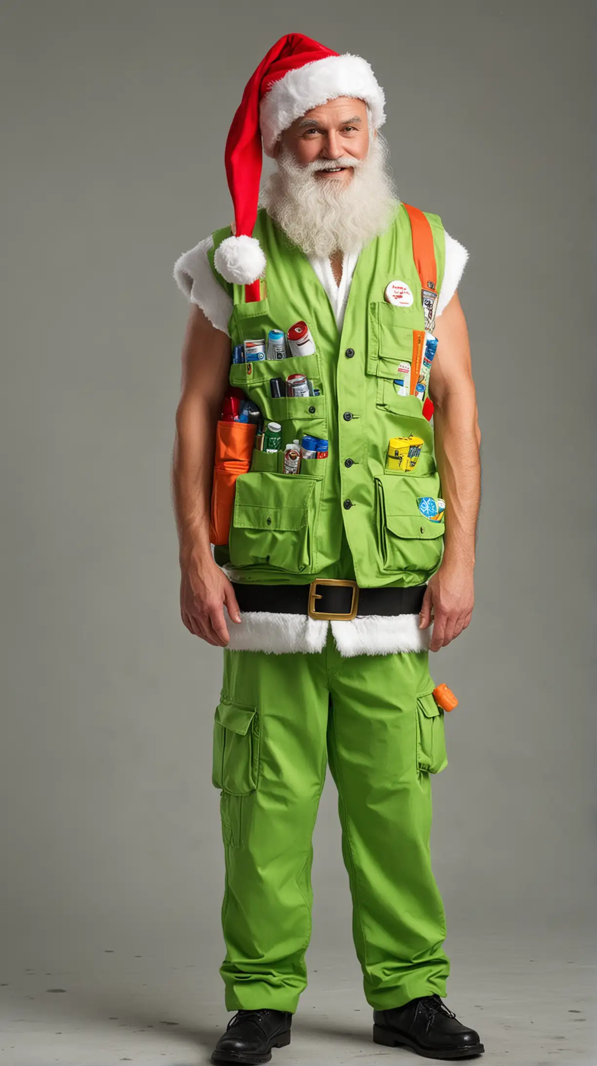 Man in Bright Green Cargo Vest with Santa Hat and Mini Recycling Bins