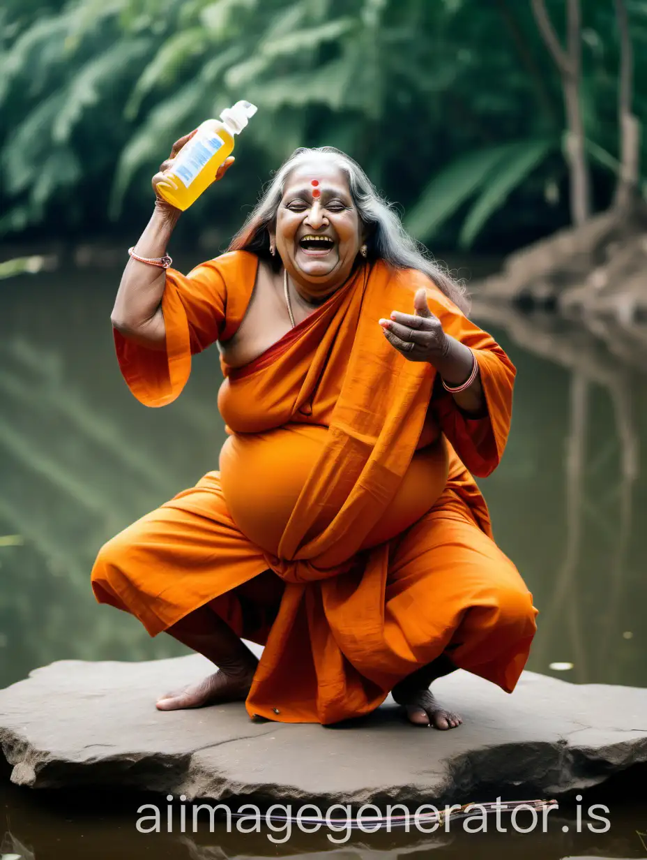 Elderly-Hindu-Monk-Woman-Laughing-in-Morning-Meditation-by-Pond